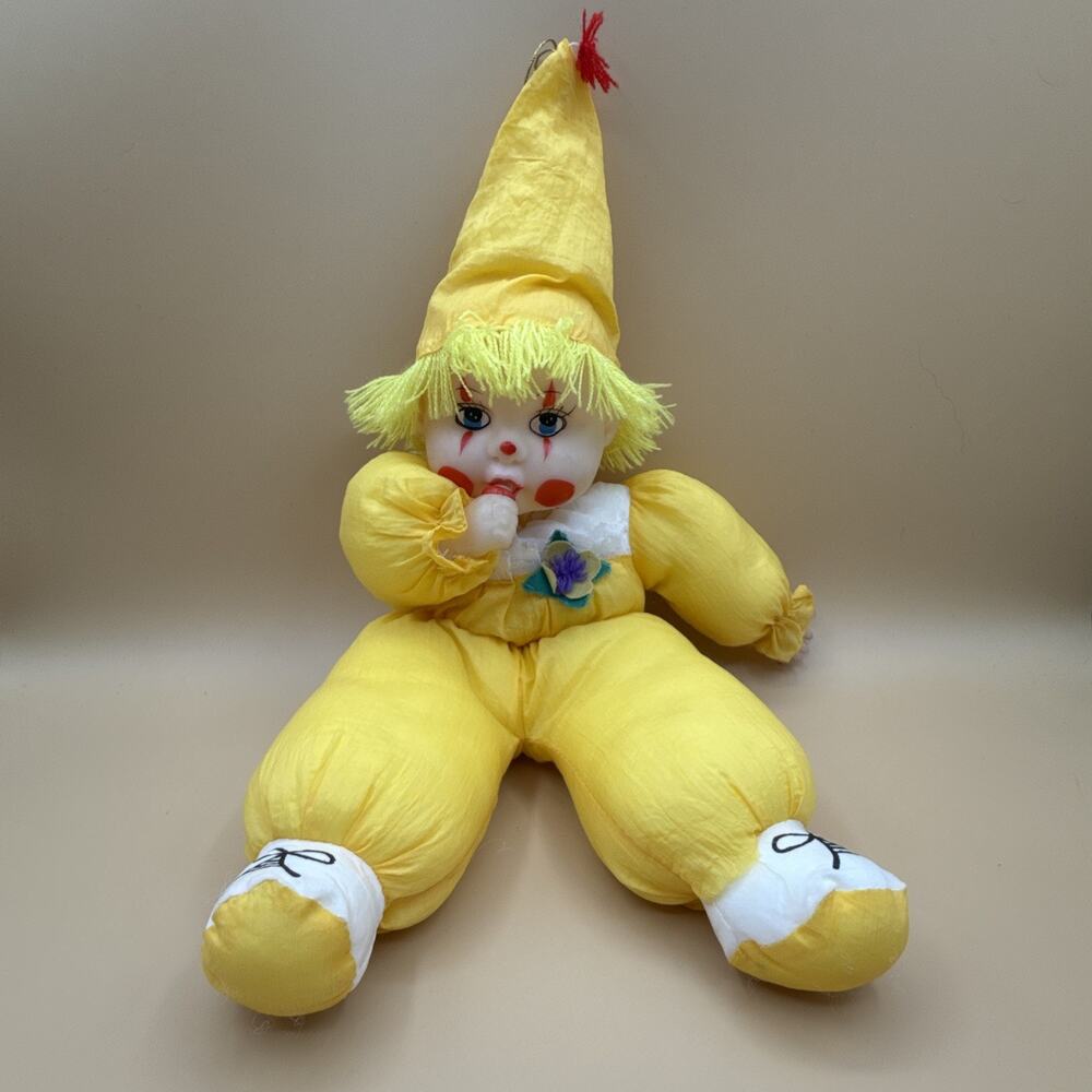 Rare Plush Clown Doll Rubber Face Yarn Hair Cute Socking Thumb Yellow Outfit
